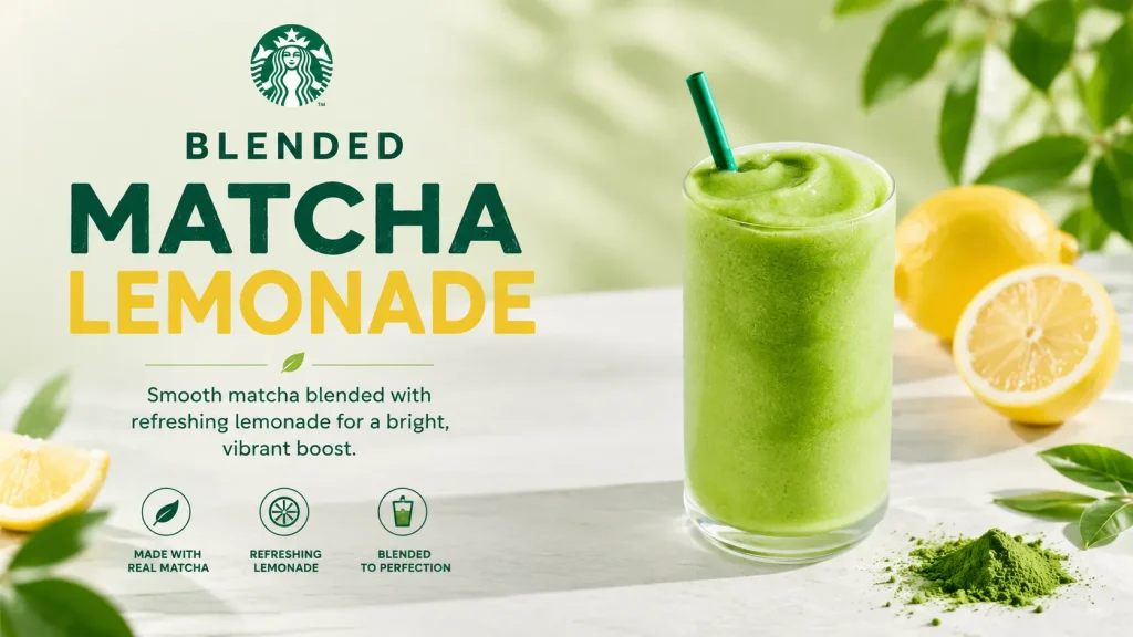 Blended Matcha Lemonade Starbucks 2026 green tea lemonade blended iced drink with ice and refreshing summer flavor in clear cup