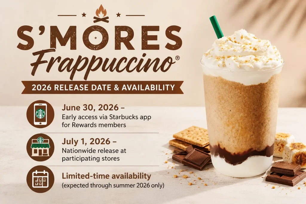 S’mores Frappuccino returning Starbucks 2026 limited time summer drink comeback announcement with marshmallow whipped cream chocolate and graham cracker topping