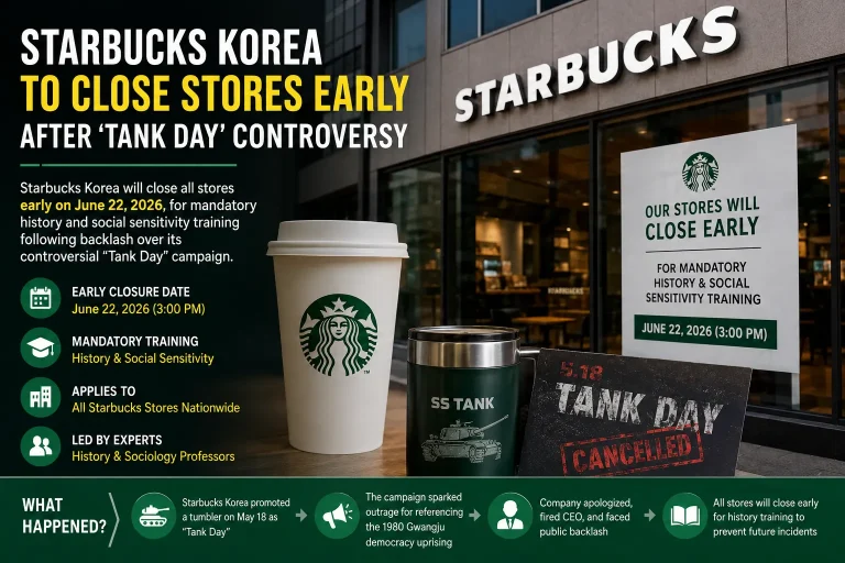 Starbucks Korea will close stores early on June 22, 2026, for mandatory history training after backlash over the controversial Starbucks Korea Tank Day campaign.