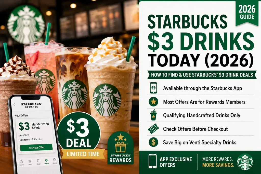 Starbucks $3 Drinks Today 2026 promotion featuring Starbucks Rewards app offer, handcrafted beverages, Frappuccino, Cold Brew, Refreshers, and tips to get eligible $3 drink deals.
