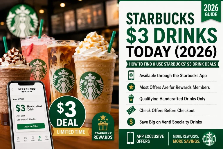 Starbucks $3 Drinks Today 2026 promotion featuring Starbucks Rewards app offer, handcrafted beverages, Frappuccino, Cold Brew, Refreshers, and tips to get eligible $3 drink deals.