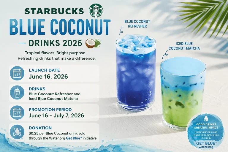 Starbucks Blue Coconut Refresher and Iced Blue Coconut Matcha summer drinks launching June 2026