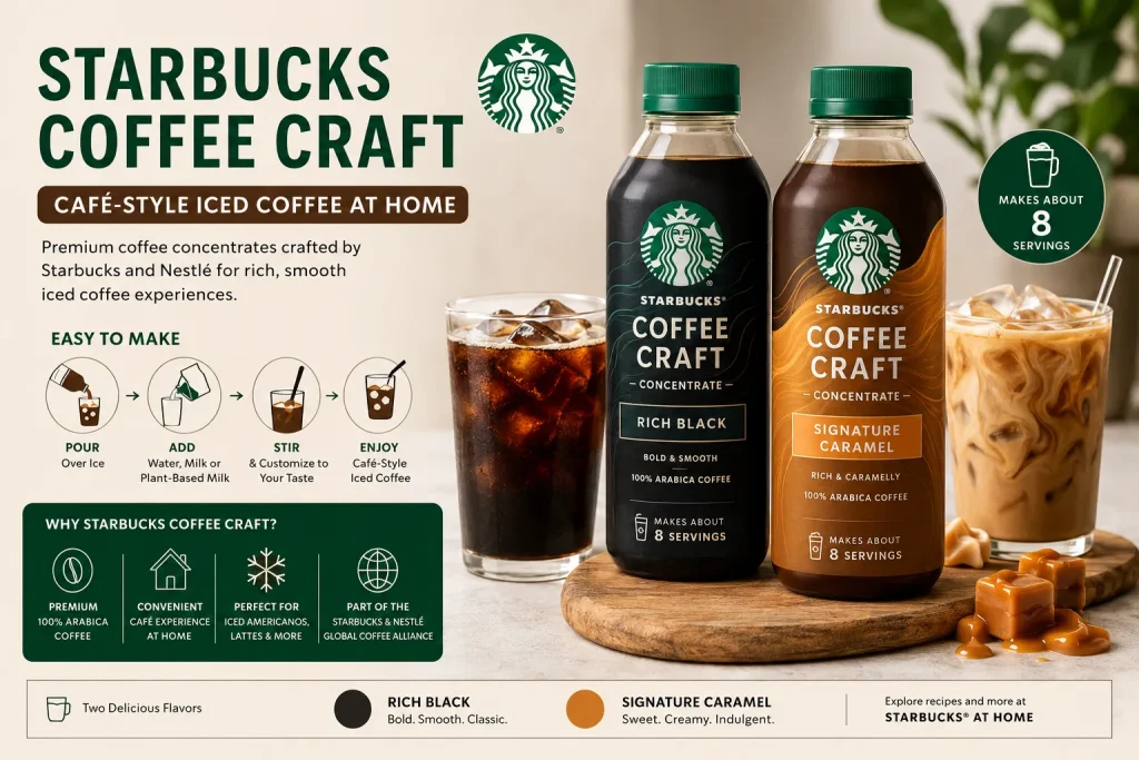Starbucks Coffee Craft premium iced coffee concentrate infographic showing Rich Black and Signature Caramel flavors, at-home preparation steps, and café-style iced coffee made with Starbucks and Nestlé collaboration