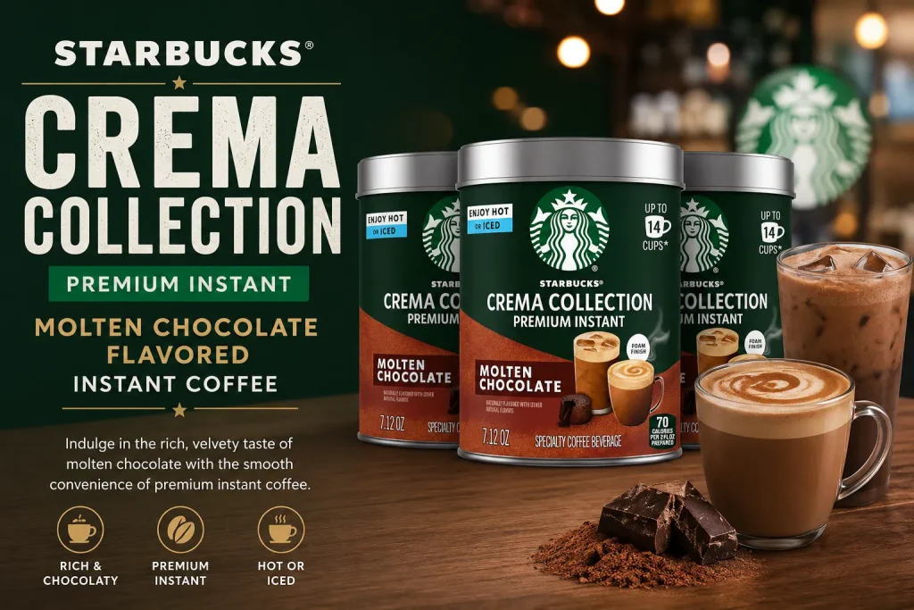 Starbucks Crema Collection Molten Chocolate premium instant coffee with rich chocolate flavor, thick frothy foam, and smooth café-style coffee experience
