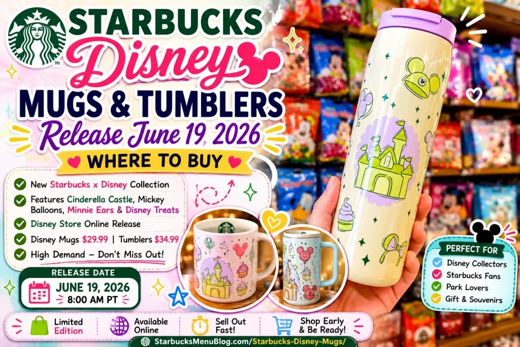 Starbucks Disney mugs and tumblers 2026 featuring Cinderella Castle, Mickey balloons, Minnie ears, and Disney Parks collectible designs