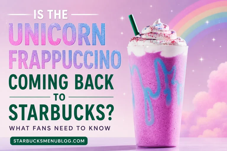 Yes, the Unicorn Frappuccino may be coming back to Starbucks – colorful pink and blue Starbucks Unicorn Frappuccino with whipped cream and rainbow-inspired design.