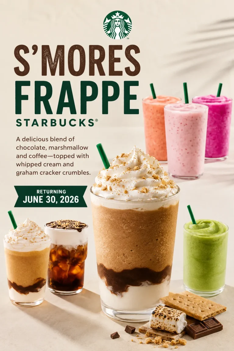 S’mores Frappuccino Starbucks 2026 blended iced coffee drink with chocolate sauce marshmallow whipped cream and graham cracker topping in clear cup